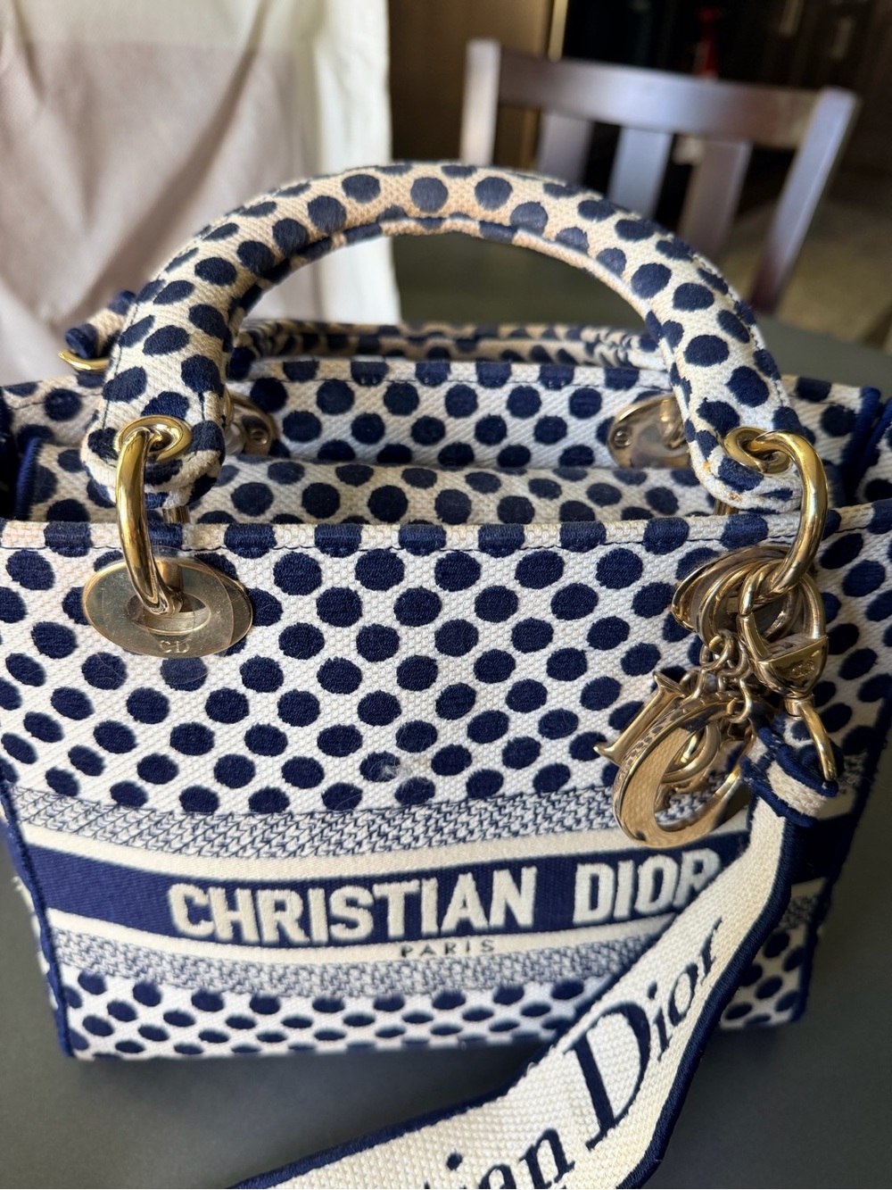 Dior Navy and White Polka Dot Lady Dior Mini Tote with Gold Hardware